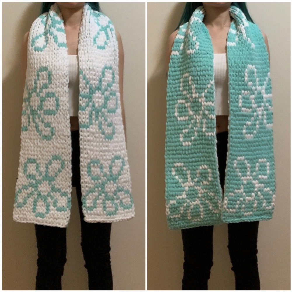 Handknit Turquoise White Doodle Floral Chunky Chenille Knit Scarf Handmade Gift